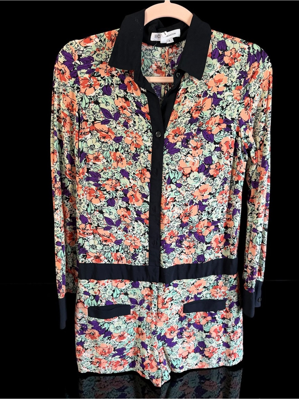 BCBGeneration Floral Romper Black Collar Long Sleeve Size 0